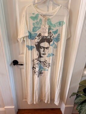 Frida Kahlo Graphic Maxi Dress with Teal Butterflies - Magnolia Pearl